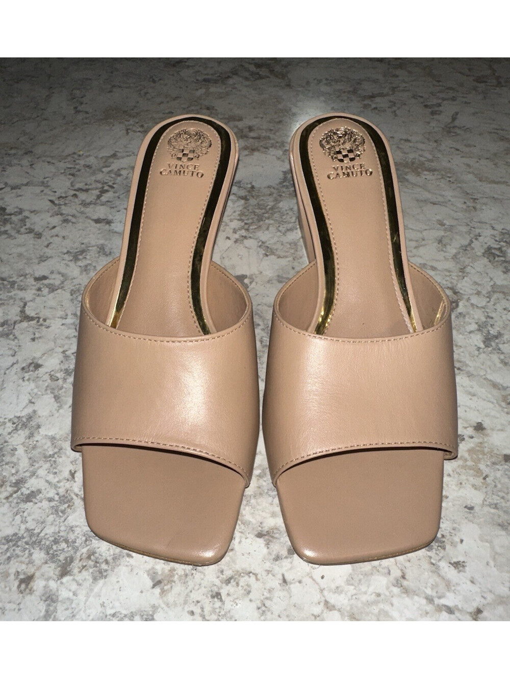 Vince Camuto Women’s Beige Faux Leather Slide Sandals Open Toe Logo 7.5